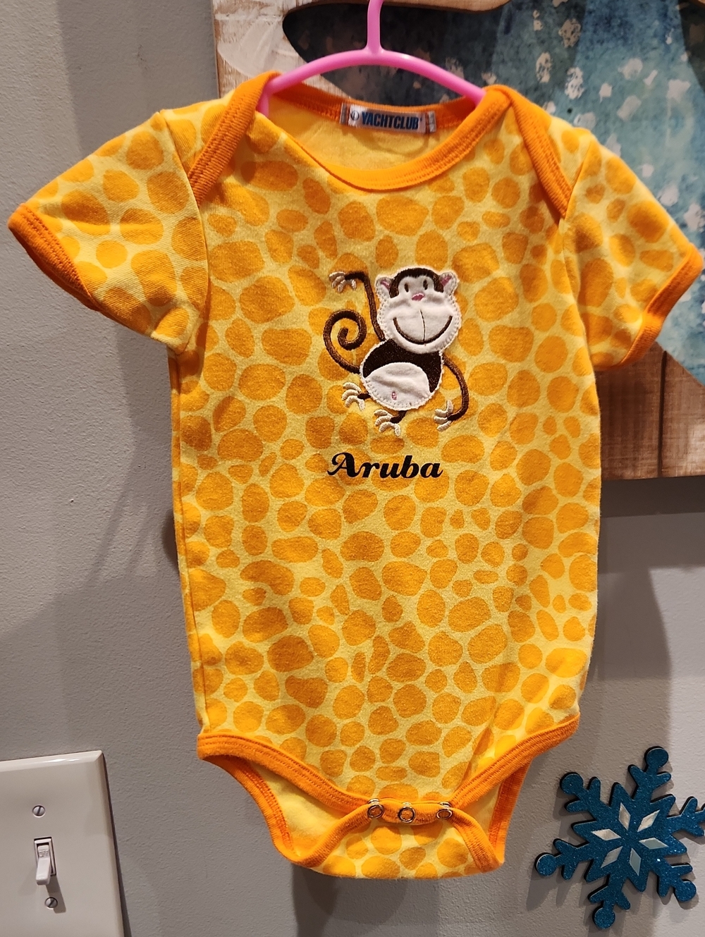 EUC Yacht Club Aruba Yellow Monkey Print Baby Bodysuit Sz L